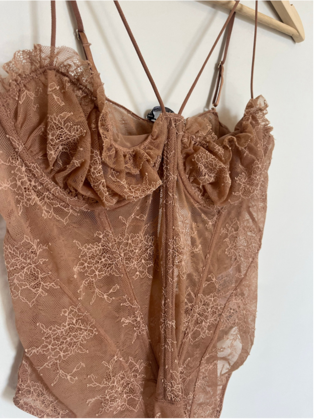 Zara Lace Bodysuit Beige Tan Festival Going Out Sheer Lingerie Frills Ruffles - Picture 3 of 8
